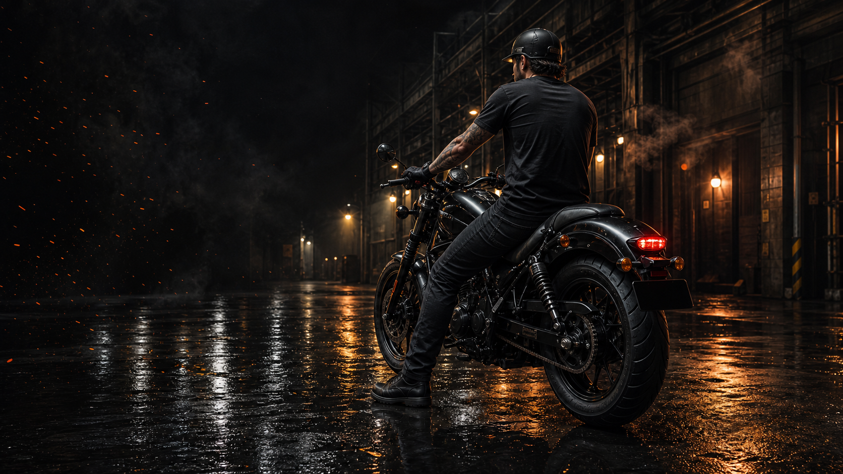 Motard TMRR sur une moto noire de nuit
