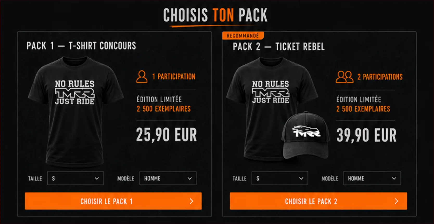 Pack 1 t-shirt concours et Pack 2 Ticket Rebel