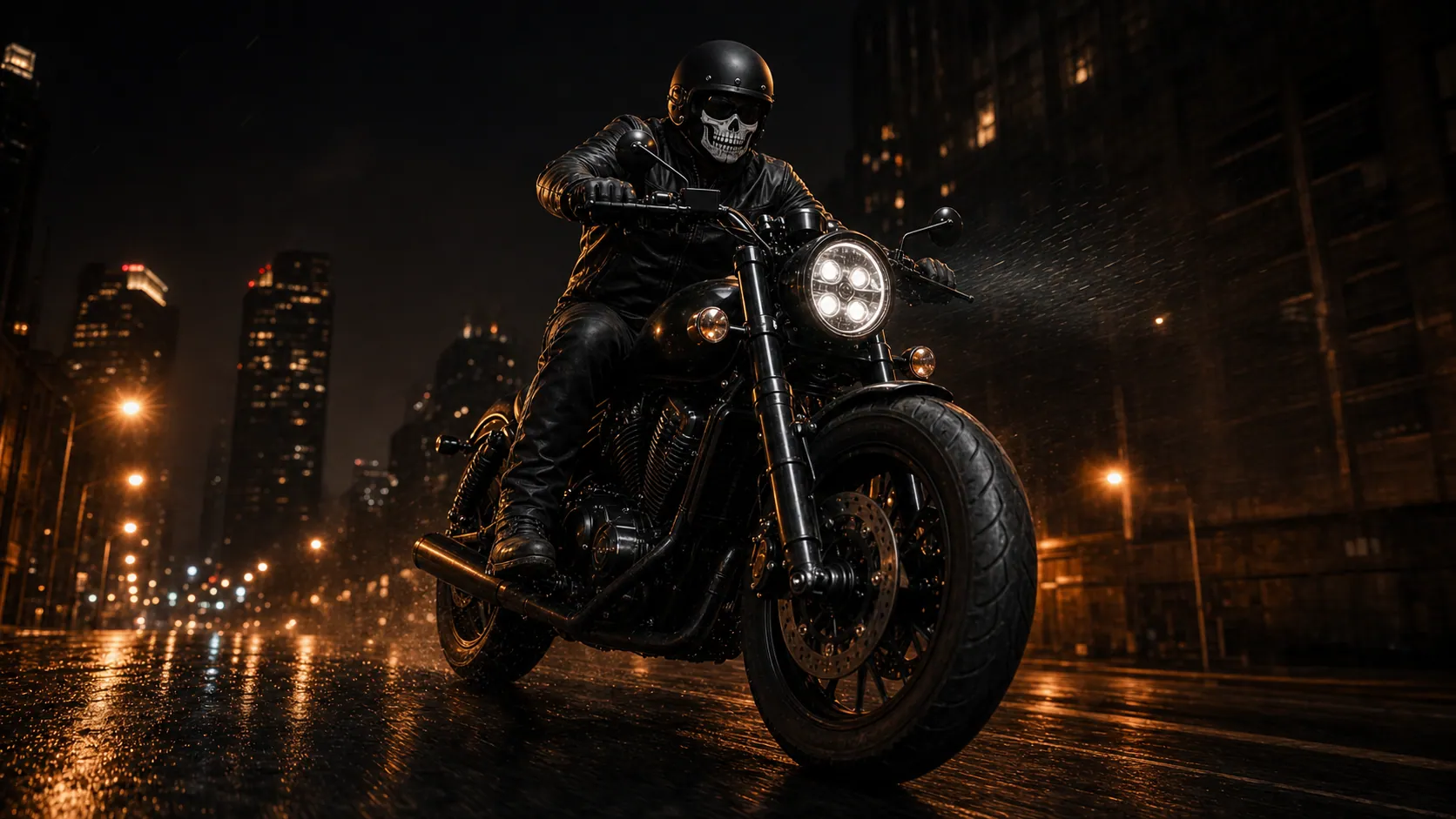Pilote TMRR sur moto noire en ville de nuit